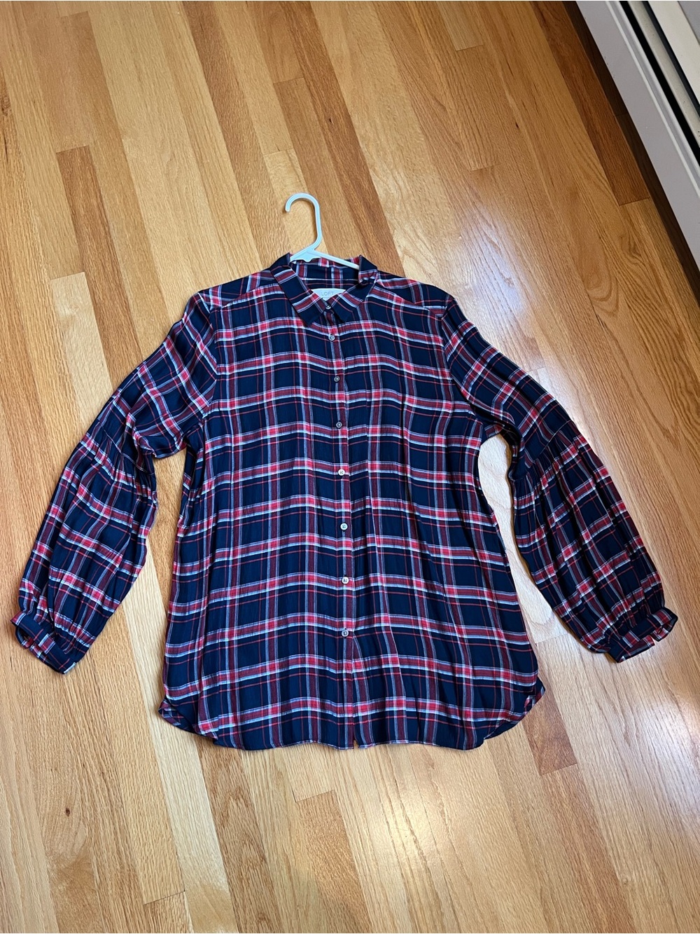 Loft Navy and Red Plaid Button-Up Blouse